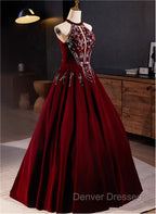 A-Line Wine Red Velvet Beaded Party Dress, Wine Red Long Prom Dress