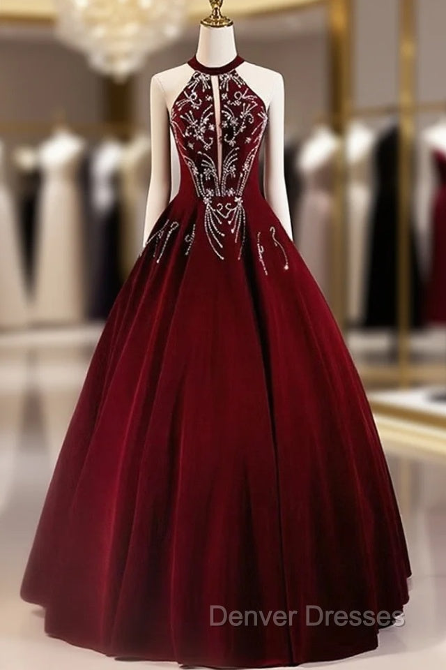 A-Line Wine Red Velvet Beaded Party Dress, Wine Red Long Prom Dress Main image