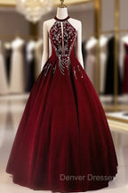 A-Line Wine Red Velvet Beaded Party Dress, Wine Red Long Prom Dress
