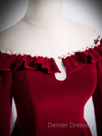 A-line Wine Red Velvet Long Sleeves Low Back Prom Dress, Wine Red Party Dress