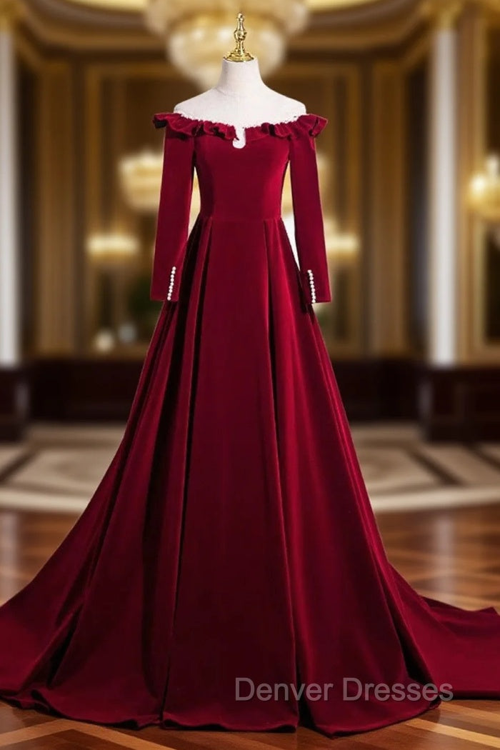 A-line Wine Red Velvet Long Sleeves Low Back Prom Dress, Wine Red Party Dress