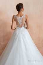 A-line with Sequined Appliques Tulle Illusion Back Wedding Dresses