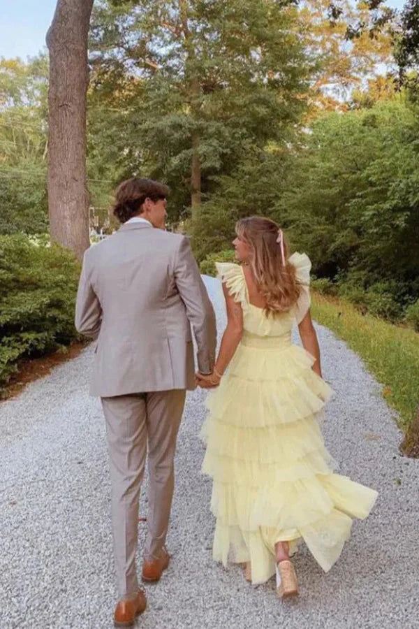 Yellow Fashion Square Neck A-Line Multi-Layered Long Tulle Ball Gown Evening Dress