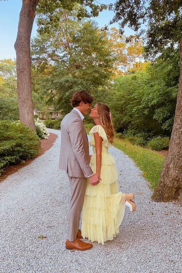 Yellow Fashion Square Neck A-Line Multi-Layered Long Tulle Ball Gown Evening Dress