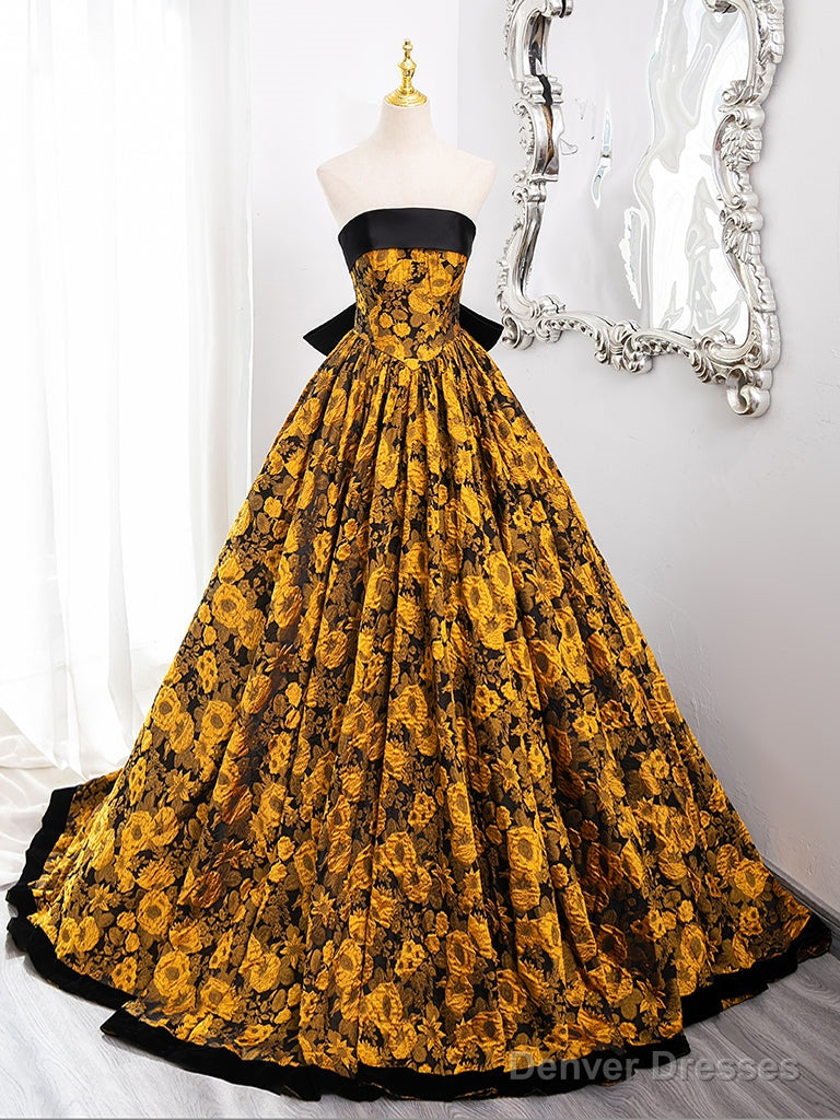 A-Line Yellow Satin Lace Long Prom Dress, Yellow Long Evening Dress Main image