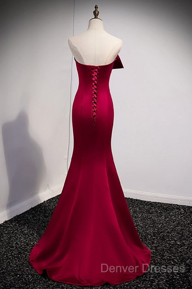 A Noble And Minimalist Wine Red Sleeveless Off Shoulder Ball Dress With Wine Red Strapless Backless Straps And Ground Length Fishtail Evening Dress