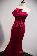 A Noble And Minimalist Wine Red Sleeveless Off Shoulder Ball Dress With Wine Red Strapless Backless Straps And Ground Length Fishtail Evening Dress