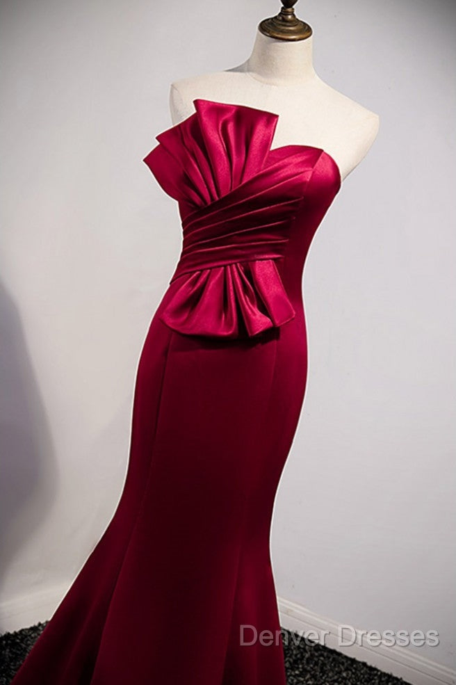 A Noble And Minimalist Wine Red Sleeveless Off Shoulder Ball Dress With Wine Red Strapless Backless Straps And Ground Length Fishtail Evening Dress