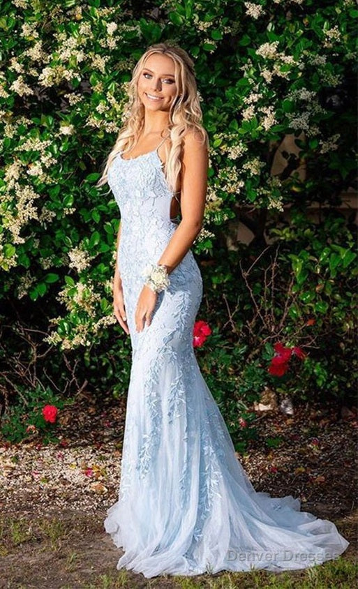 Light Blue Mermaid Lace Prom Dress , Pageant Dress, Evening Dress, Dance Dresses Main image