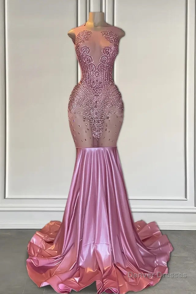 Long Pink Sleeveless Mermaid Prom Dress Featuring Beadings Main image