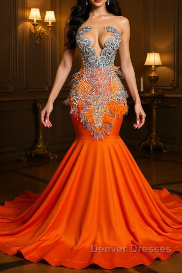 Orange Sleeveless Illusion Mermaid Prom Dress With Beadings and Feather