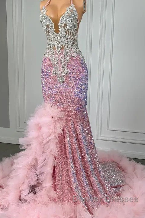 Pink Halter Mermaid Prom Dress with Sequins Beadings and Tulle Ruffle Secondary image