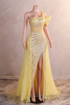 One-Shoulder Beading Sweep Train Backless Evening Dress