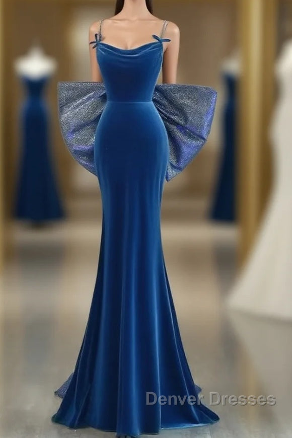 Simple Velvet Blue Mermaid Long Prom Dress, Backless Velvet Blue Evening Dress Main image