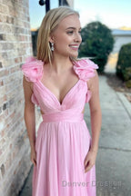 Lace-Up Fuchsia V-Neck Ruffle Pleated Long Prom Dress