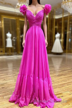 Lace-Up Fuchsia V-Neck Ruffle Pleated Long Prom Dress