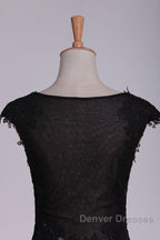 Black Off The Shoulder Sheath Prom Dress Lace&Tulle Floor Length With Applique & Slit