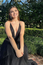 Black A-line Deep V Neck Cross Back Tulle Multi-Layers Long Prom Dress