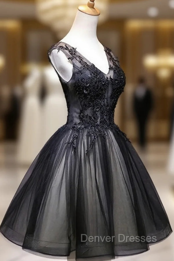 Adorable Black V-neckline Lace and Tulle Party Dress, Short Prom Dress
