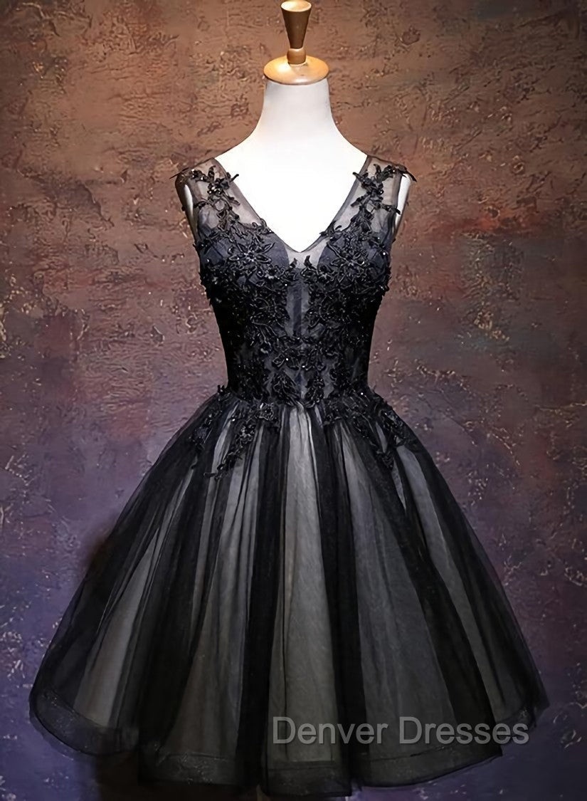 Adorable Black V-neckline Lace and Tulle Party Dress, Short Prom Dress Main image