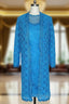 Adorable Blue Lace Knee Length Mother of the Bride Dress Sheer with 3/4 Sleeves Long Jacket
