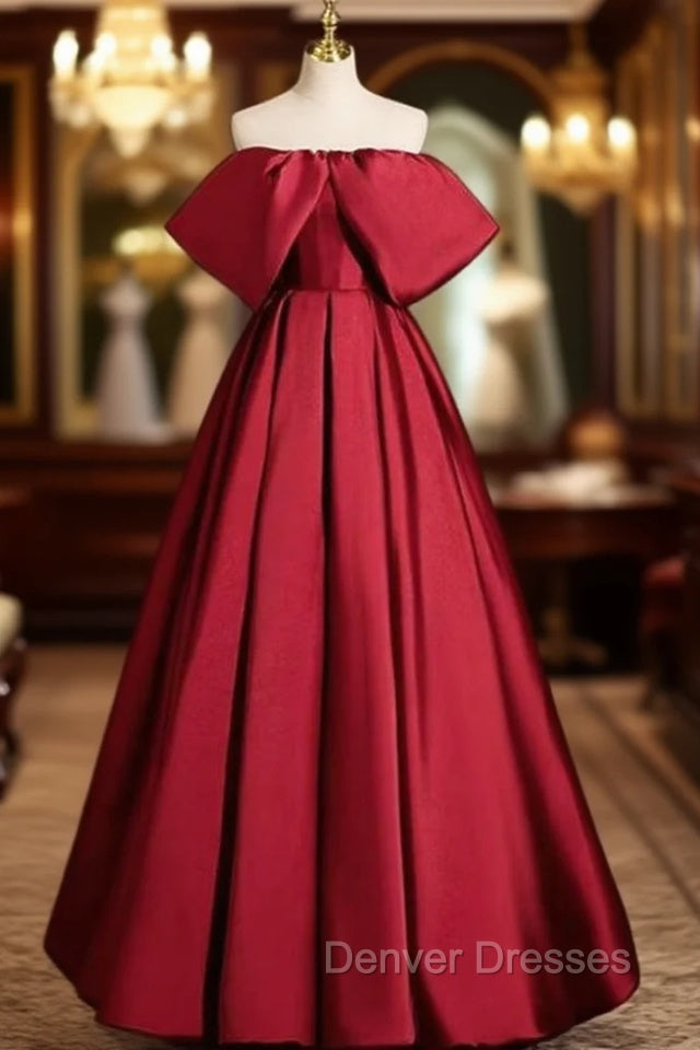 Adorable Burgundy Satin Off the Shoulder Prom Dress Main image
