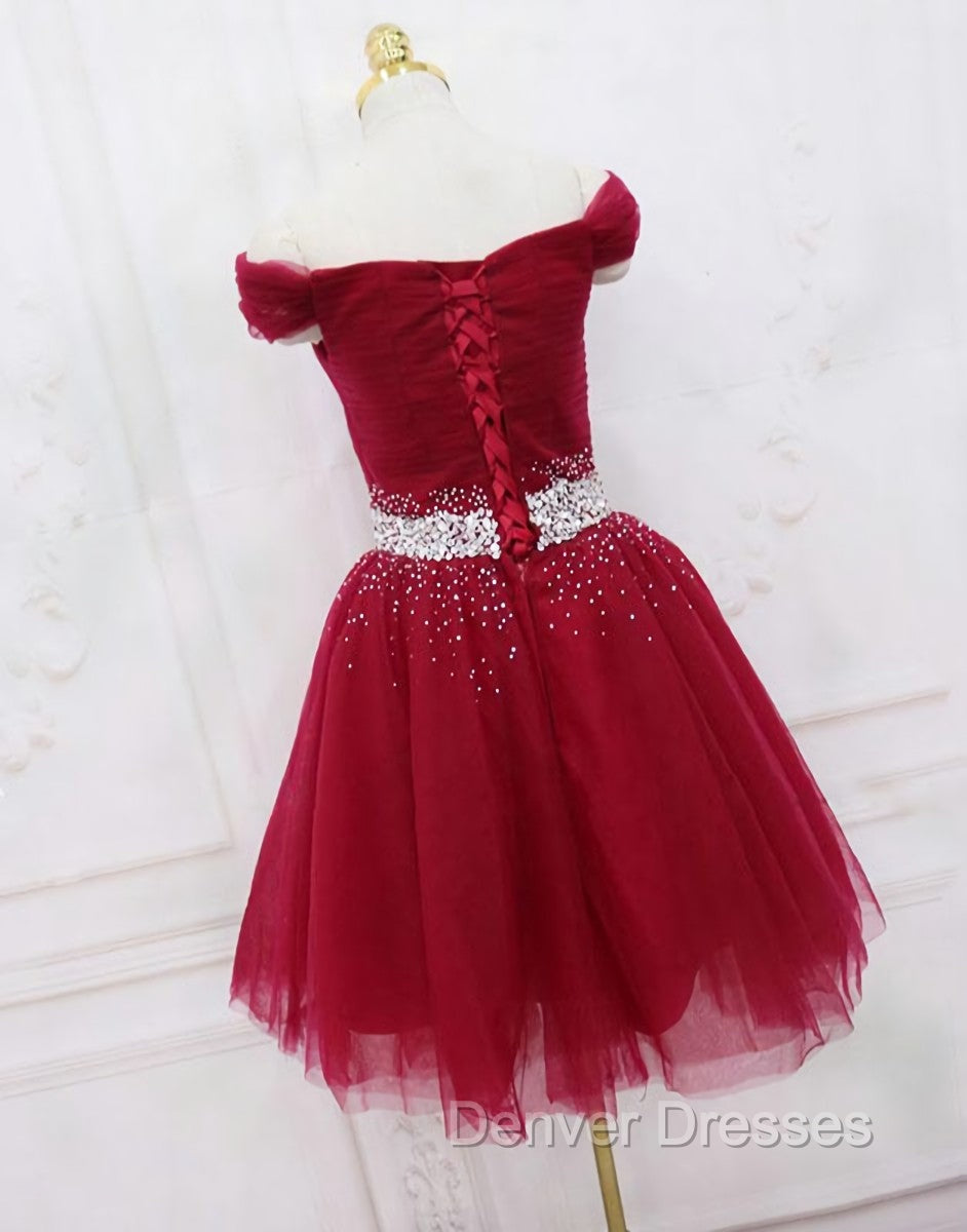 Adorable Dark Red Homecoming Dress , Tulle Off the Shoulder Party Dress Secondary image