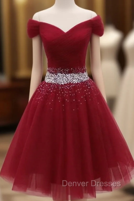 Adorable Dark Red Homecoming Dress , Tulle Off the Shoulder Party Dress Main image