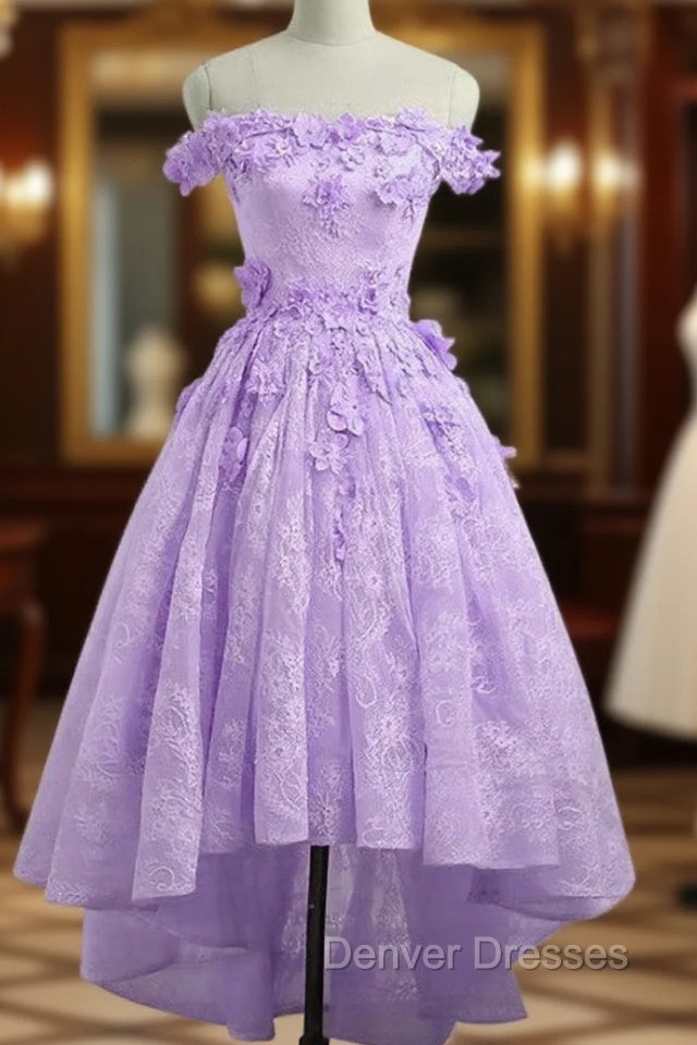 Adorable Lace Light Purple High Low Homecoming Dress, Cute Sweetheart Prom Dress Main image