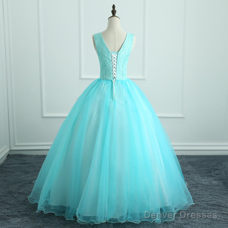 Adorable Light Blue Tulle with Flowers Floor Length Ball Gown Formal Dress, Blue Sweet 16 Dresses Main image