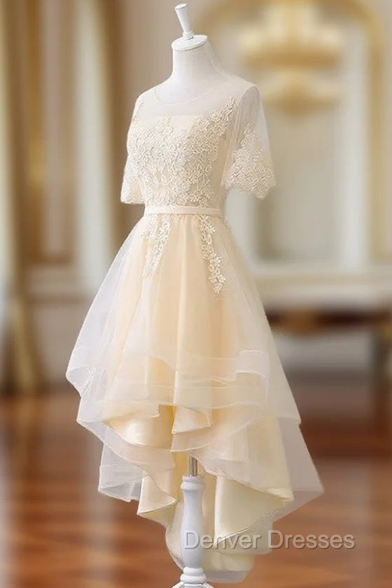 Adorable Light Champagne High Low Party Dress with Lace Applique, Short Homecoming Dress Main image