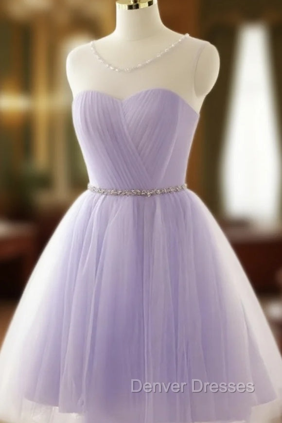 Adorable Light Purple Round Neckline Beaded Short Prom Dress, Cute Homecoming Dress Main image