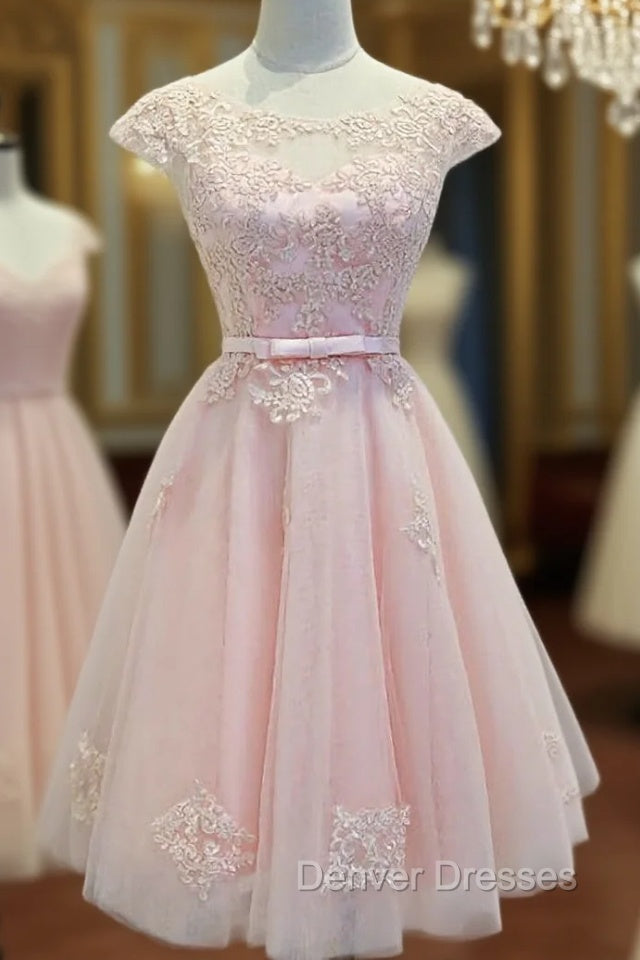 Adorable Pink Knee Length Party Dress, Lace Applique Cute Homecoming Dress Main image