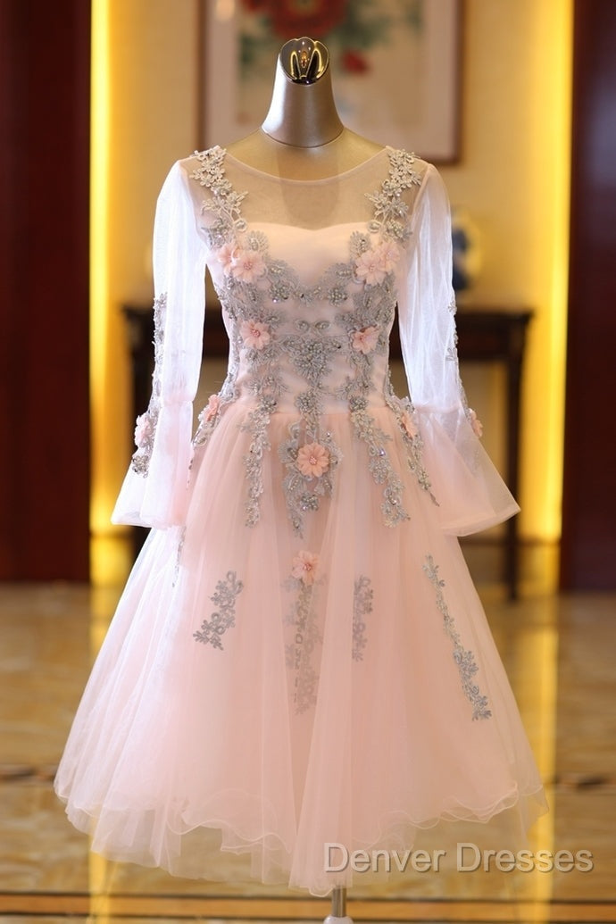Adorable Pink Tulle Knee Length Long Sleeves Party Dress, Pink Homecoming Dress Secondary image