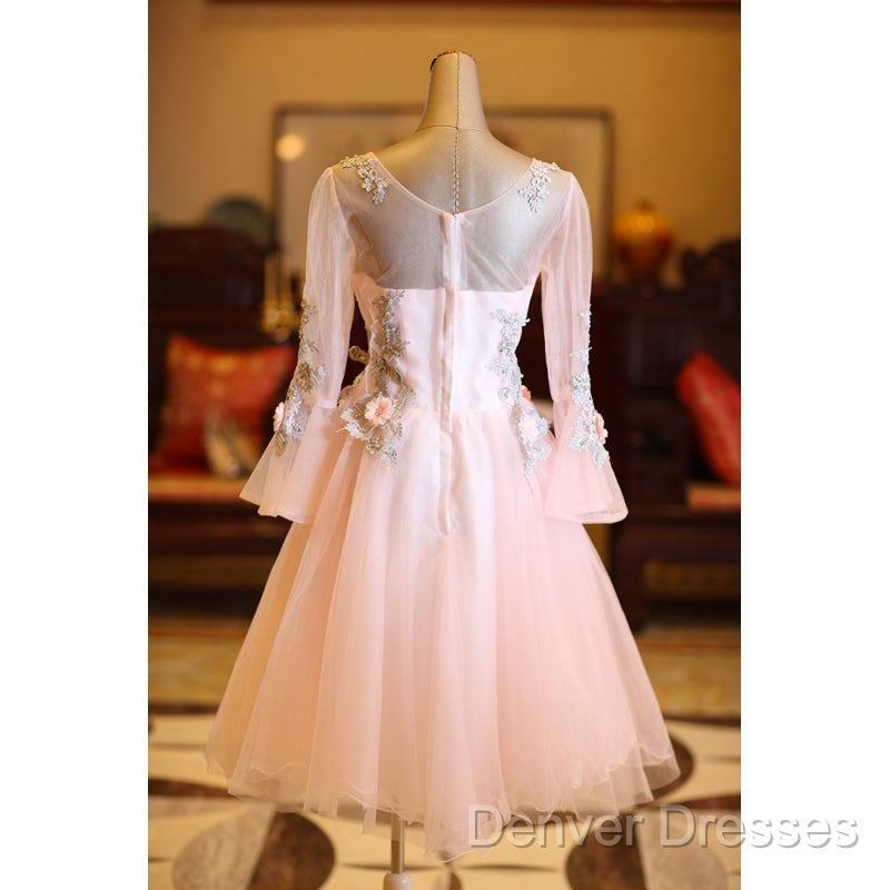 Adorable Pink Tulle Knee Length Long Sleeves Party Dress, Pink Homecoming Dress