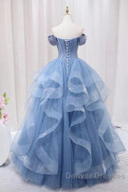 Adult Dress A-Line Blue Sheer Long Ball Dress Blue Sweet Dress Off Shoulder Prom Dress