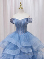 Adult Dress A-Line Blue Sheer Long Ball Dress Blue Sweet Dress Off Shoulder Prom Dress