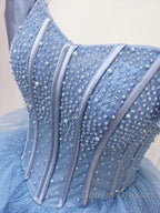 Adult Dress A-Line Blue Sheer Long Ball Dress Blue Sweet Dress Off Shoulder Prom Dress
