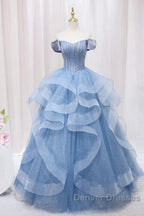 Adult Dress A-Line Blue Sheer Long Ball Dress Blue Sweet Dress Off Shoulder Prom Dress