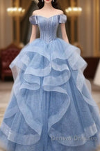 Adult Dress A-Line Blue Sheer Long Ball Dress Blue Sweet Dress Off Shoulder Prom Dress