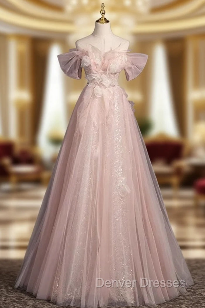 Advanced Pink Tulle Sequins Off the Shoulder Prom Dress Main image