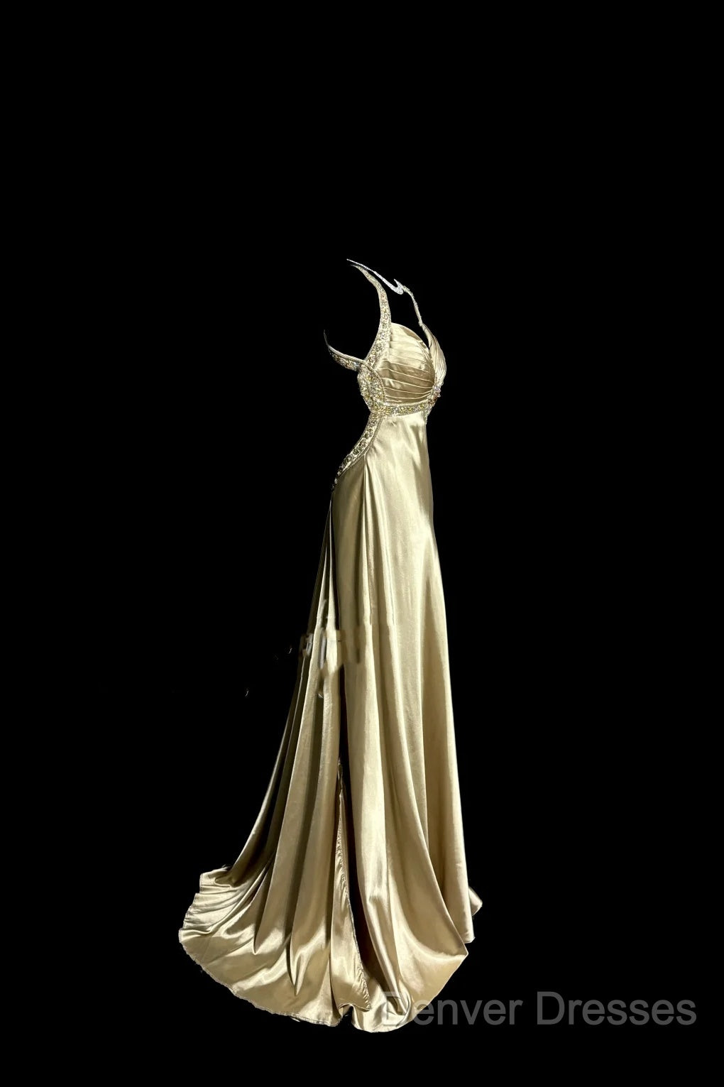 Aesthetic A Line Halter Neckline Champagne Satin Prom Dress Ruffle Long Party Dress Secondary image