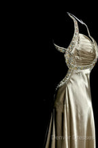 Aesthetic A Line Halter Neckline Champagne Satin Prom Dress Ruffle Long Party Dress