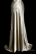 Aesthetic A Line Halter Neckline Champagne Satin Prom Dress Ruffle Long Party Dress