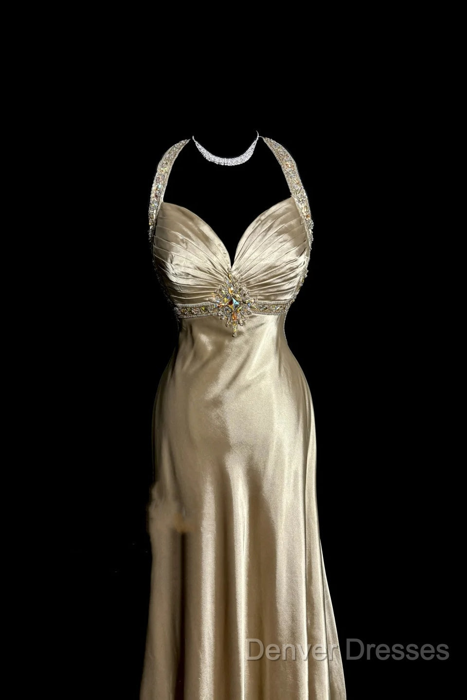 Aesthetic A Line Halter Neckline Champagne Satin Prom Dress Ruffle Long Party Dress