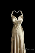 Aesthetic A Line Halter Neckline Champagne Satin Prom Dress Ruffle Long Party Dress