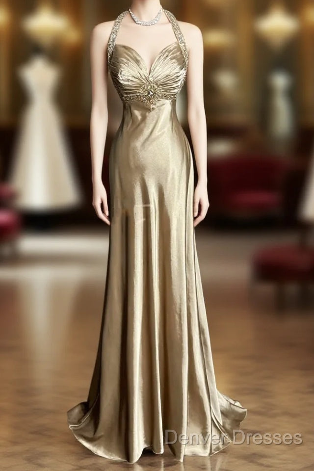 Aesthetic A Line Halter Neckline Champagne Satin Prom Dress Ruffle Long Party Dress