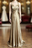 Aesthetic A Line Halter Neckline Champagne Satin Prom Dress Ruffle Long Party Dress