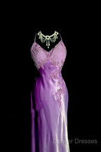 Aesthetic A Line Halter Neckline Lilac Satin Prom Dress Ruffle Long Party Dress