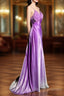 Aesthetic A Line Halter Neckline Lilac Satin Prom Dress Ruffle Long Party Dress